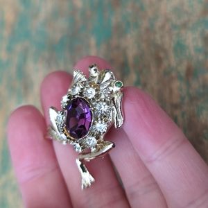 Vintage Gold-Tone Metal and Purple Rhinestone Crystal Frog Brooch Pin